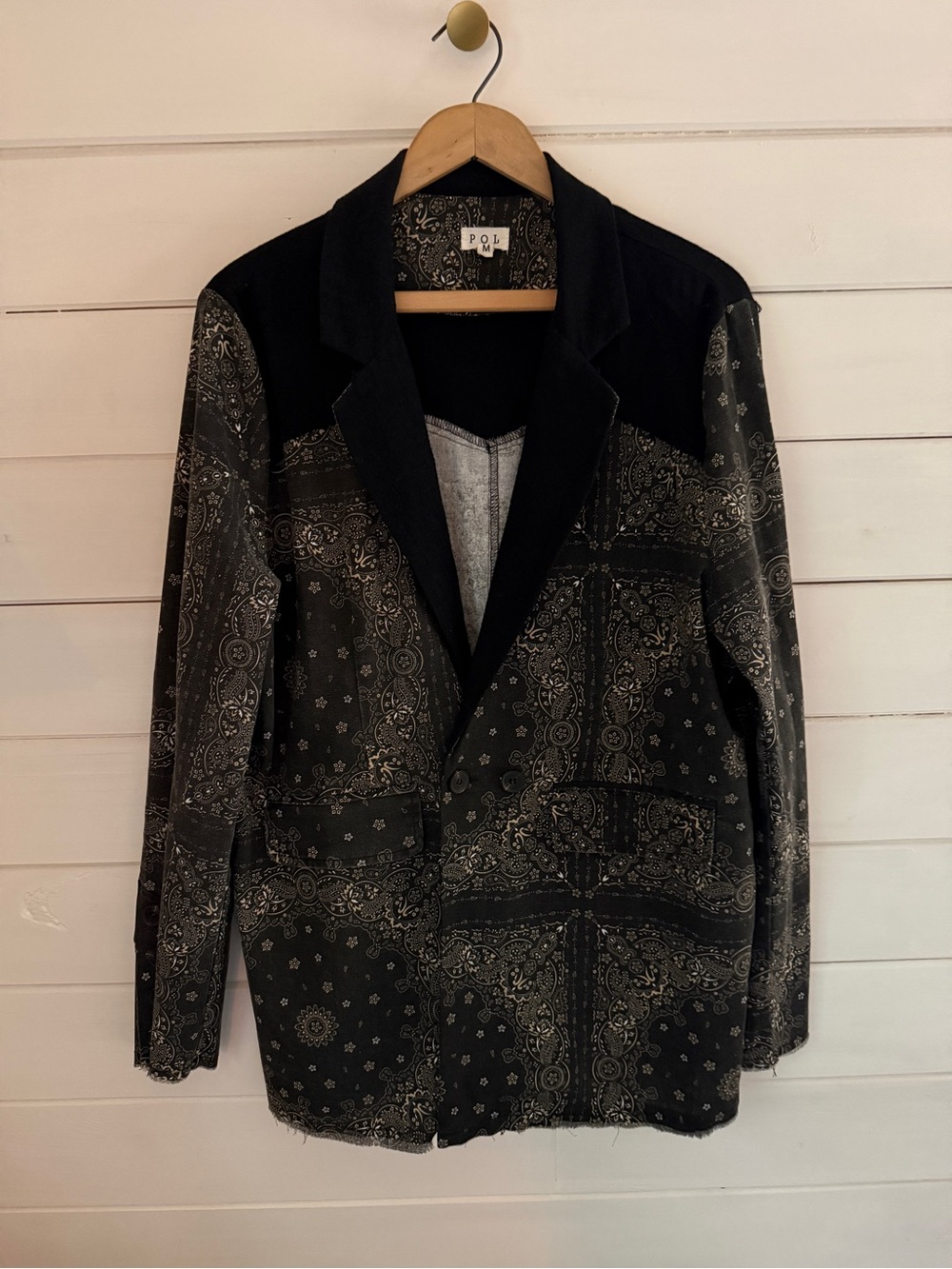 POL Blazer Jacket Black Paisley Bandanna Women MEDIUM Raw Hem Cotton Linen NEW